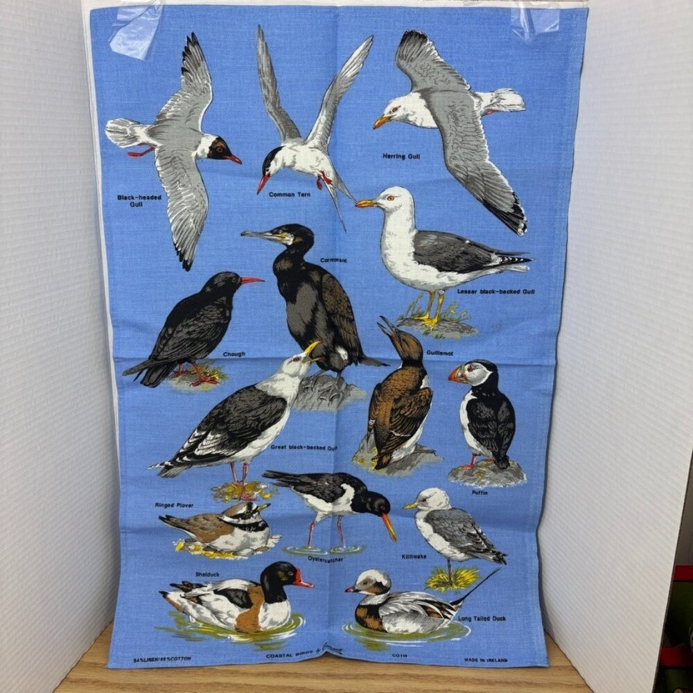 UNUSED Vintage COASTAL BIRDS Tea Towel Wall Hanging Quote Gaelic Cotton 19x28